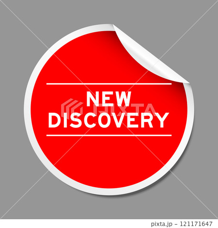 Red color peel sticker label with word new discovery on gray background 121171647