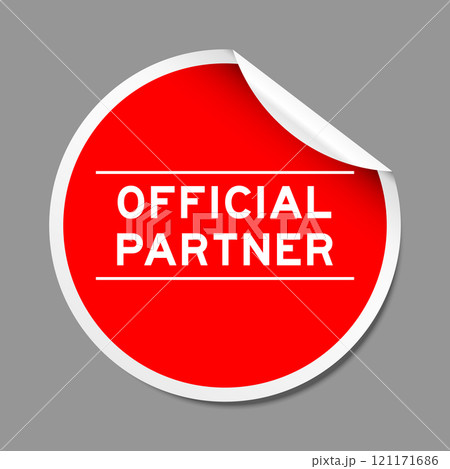 Red color peel sticker label with word official partner on gray background Red color peel sticker label with word official partner on gray background 121171686