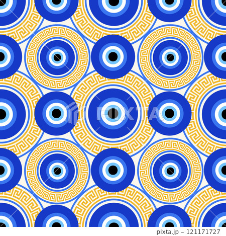 Evil eye seamless pattern. Turkish blue bead with meander. Greek vector magic background with ethnic nazar symbol of protection and luck. Traditional ornament with energy amulet and spiritual talisman Evil eye seamless pattern. Turkish blue bead with meander. Greek vector magic background with ethnic nazar symbol of protection and luck. Traditional ornament with energy amulet and spiritual talisman 121171727