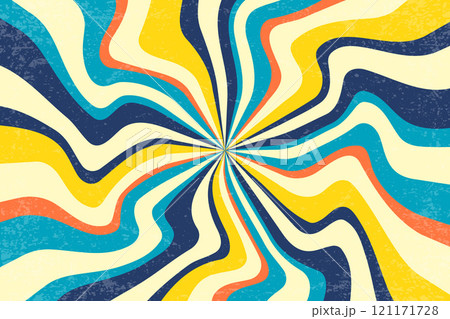 Retro radial spiral sunburst. Vector swirl textured pattern with rays. Vintage abstract wavy blue and yellow striped vortex on white background. 70s funky psychedelic disco bg. 121171728