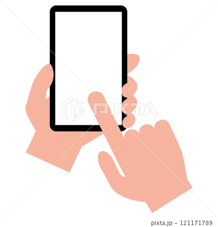 白い画面のスマートフォンをタッチして操作するシンプルでフラットなイラスト　白バック 121171789
