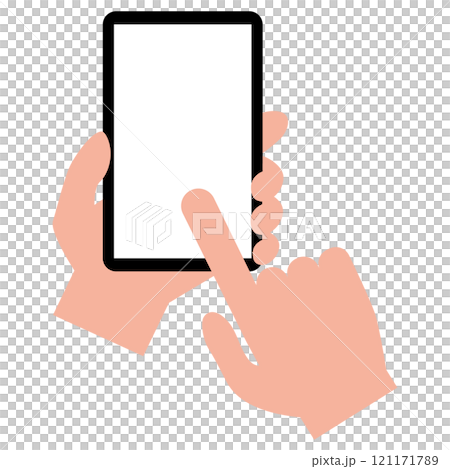 白い画面のスマートフォンをタッチして操作するシンプルでフラットなイラスト　白バック 121171789