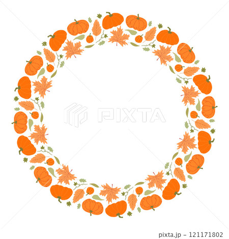 Autumn wreath of orange pumpkins and fall leaves on a white background, ideal for festive designs, invitations, and seasonal decor 121171802