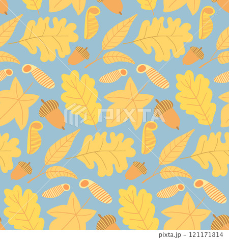 Playful yellow leaves, acorns, and ferns on a light blue backdrop, perfect for nature-themed illustrations and fall-inspired designs 121171814