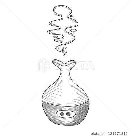 Elegant illustration of an aroma diffuser releasing soothing steam, ideal for wellness themes, spa designs, and aromatherapy branding Elegant illustration of an aroma diffuser releasing soothing steam, ideal for wellness themes, spa designs, and aromatherapy branding 121171815