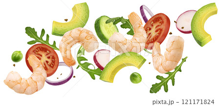Shrimp avocado salad ingredients isolated on white background with clipping path, package design element 121171824