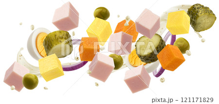 Falling Russian salad ingredients isolated on white background with clipping path, traditional Olivier salad for New Year, package design element 121171829