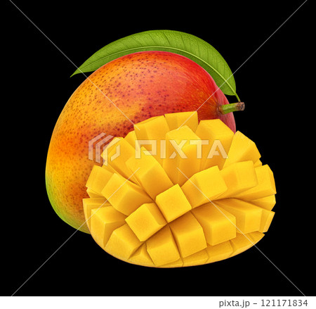 Mango isolated on black background, package design element Mango isolated on black background, package design element 121171834