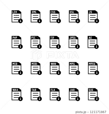 画像ファイル、ドキュメント、ソフトウェアのアイコンのセット 121171867