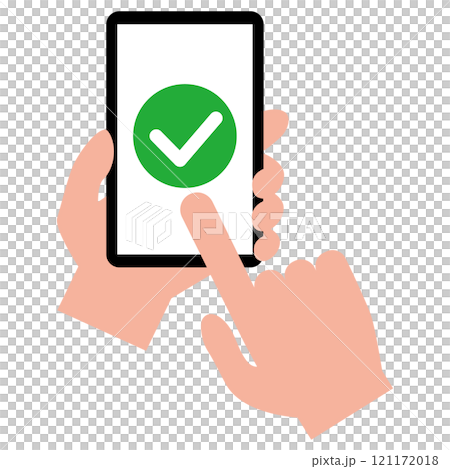 操作帶有白色螢幕的智慧型手機的簡單平面插圖，顯示複選標記，白色背景 121172018