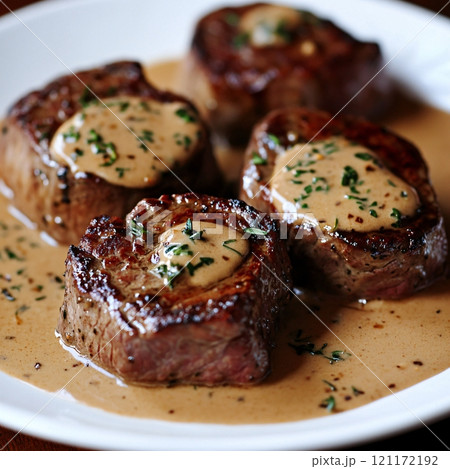 Steak Diane served with creamy cognac sauce on a white plate in an elegant dining setting 121172192