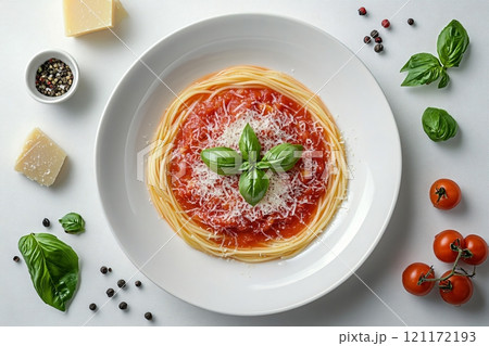 Delicious bowl of Spaghetti Rigati with fresh basil and grated cheese served on a white plate 121172193