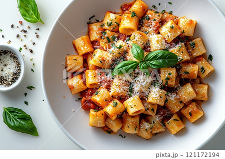 Delicious Spaghetti Rigati served in a white bowl with fresh basil and cheese garnish 121172194