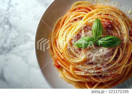 Delicious spaghetti rigati served with fresh basil and grated cheese on a beautiful plate Delicious spaghetti rigati served with fresh basil and grated cheese on a beautiful plate 121172195