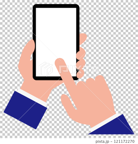 A simple and flat illustration of touching and operating a smartphone with a white screen on a white background 121172270