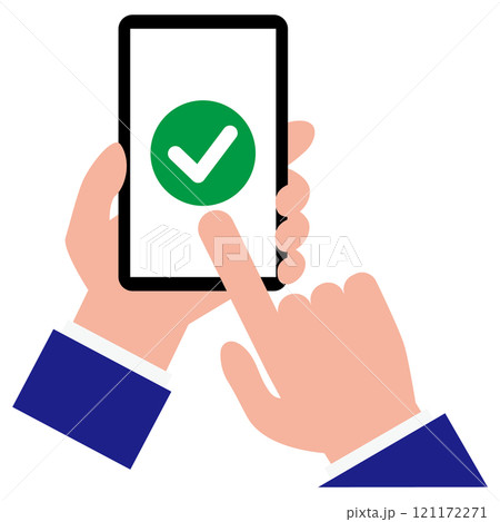 チェックマークが表示された白い画面のスマートフォンを操作するシンプルでフラットなイラスト　白バック 121172271