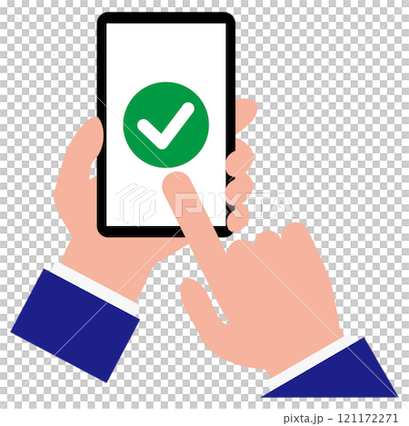 チェックマークが表示された白い画面のスマートフォンを操作するシンプルでフラットなイラスト　白バック 121172271