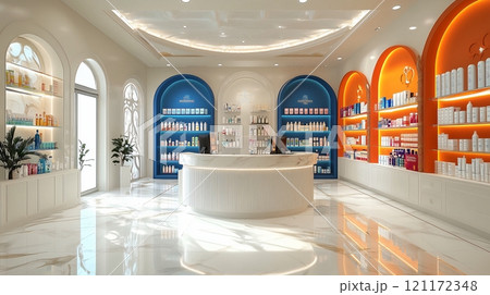 New pharmacy opening features bright colors and inviting layout with organized displays 121172348
