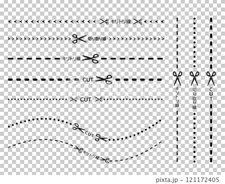 Illustration of scissors and cutting lines, dashed lines, dotted lines Illustration of scissors and cutting lines, dashed lines, dotted lines 121172405