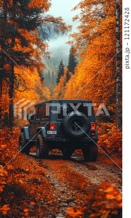 A rugged SUV driving away along a forested road surrounded by vibrant autumn foliage 121172428