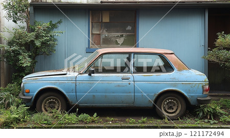 Old blue car parked outside a rustic building, surrounded by greenery in a quiet neighborhood 121172494