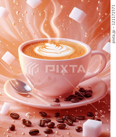 Whimsical steaming cup of coffee with sugar cubes and coffee beans on a soft pastel background 121172571