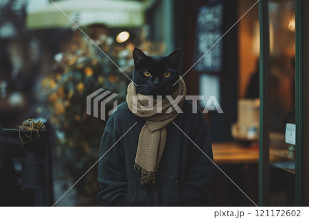 Tall anthropomorphic catman in a scarf stands outside a cozy cafe in the evening Tall anthropomorphic catman in a scarf stands outside a cozy cafe in the evening 121172602