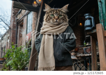 A tall catman in a sweater and scarf stands outside a cozy rustic building 121172605