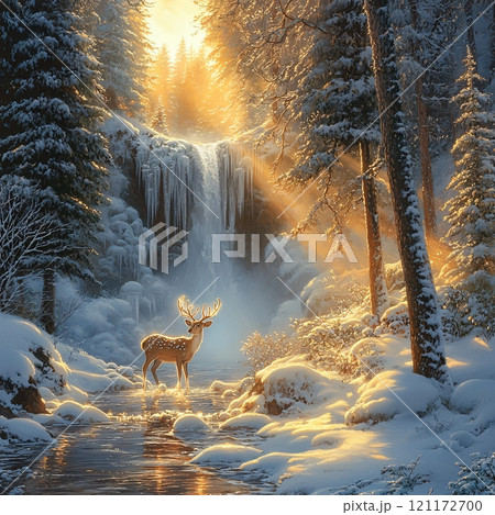 A serene winter wonderland with a deer by the glowing waterfall at sunset 121172700