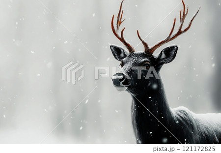 Black deer standing in a snowy landscape during a winter Christmas season 121172825