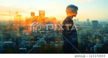 Silhouette of a business professional against a vibrant city skyline at sunset 121172833
