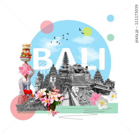 Collage of photos from Bali. Indonesia - travel background. Art design 121173039