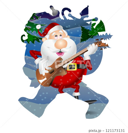 Santa Claus joyfully plays a guitar while dressed in his iconic red suit. The background features festive trees and snowflakes, creating a cheerful holiday vibe.	 121173131