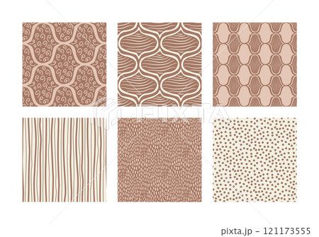Brown monochrome ogee seamless patterns collection. Damask geometric print beige and mocha mouse endless backgrounds set . Abstract chocolate repeat cover. Vector hand drawn illustration. 121173555