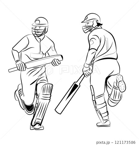 Playing cricket batsman running on the pitch 121173586