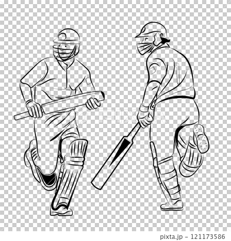 Playing cricket batsman running on the pitch 121173586