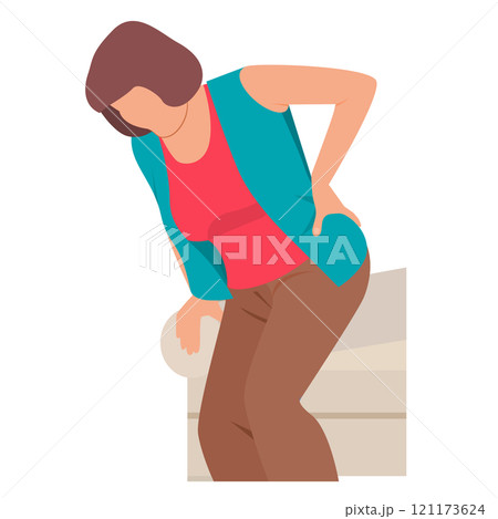 Woman with back pain, woman standing suffering from back pain touching body 121173624