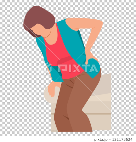 Woman with back pain, woman standing suffering from back pain touching body 121173624