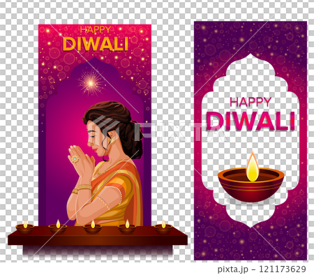 Diwali festival poster, stories, banner and Happy Diwali social media story temlpate set. 121173629