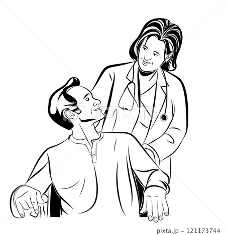 Woman doctor talking with patient on wheelchair. 121173744