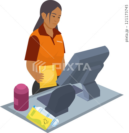 Woman at billing counter, supermarket checkout counter concept illustration 121173745