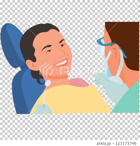 woman is treating her teeth at the dentist, Patient dental examination, doctor mask gloves checkup teeth 121173746