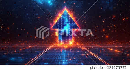 Glowing upward arrow symbolizing growth and success in digital space 121173771
