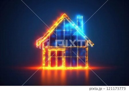 Glowing house icon symbolizing energy efficiency and modern living 121173773