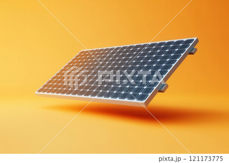 Floating solar panel converting sunlight into renewable energy on orange background 121173775