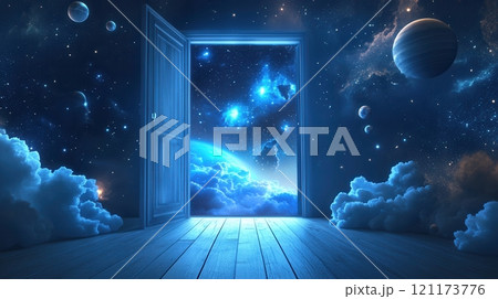Open door leading to universe with planets and stars from wooden floor 121173776