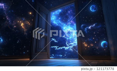 Open door leading to colorful universe with planets and nebulae 121173778