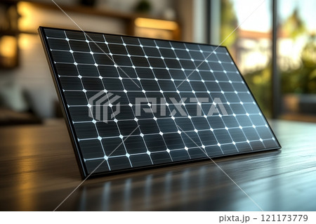 Modern double sided transparent solar panel resting on wooden table in home interior 121173779