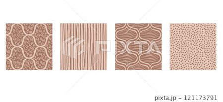Brown monochrome ogee seamless patterns collection. Damask, stripes and polka dots geometric print beige and mocha mouse endless backgrounds set . Abstract chocolate repeat cover. Vector illustration. 121173791