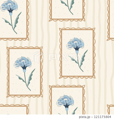 Indian chintz seamless pattern. Modern flower in vintage retro frame endless background. Floral repeat cover. Farmhouse continuous ornament with wildflower motif. Vector hand drawn illustration. Indian chintz seamless pattern. Modern flower in vintage retro frame endless background. Floral repeat cover. Farmhouse continuous ornament with wildflower motif. Vector hand drawn illustration. 121173804